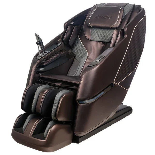 Kyota Kizuna M688 brown 4D massage chair left front view with zero gravity recline