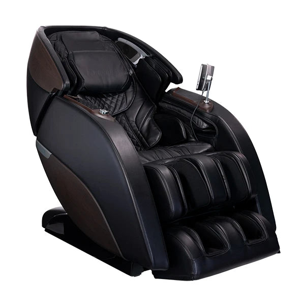 Kyota Nokori M980 black massage chair featuring Syner-D 4D rollers, zero gravity recline, SL-track massage system, deep calf and foot massage, and touchscreen tablet control