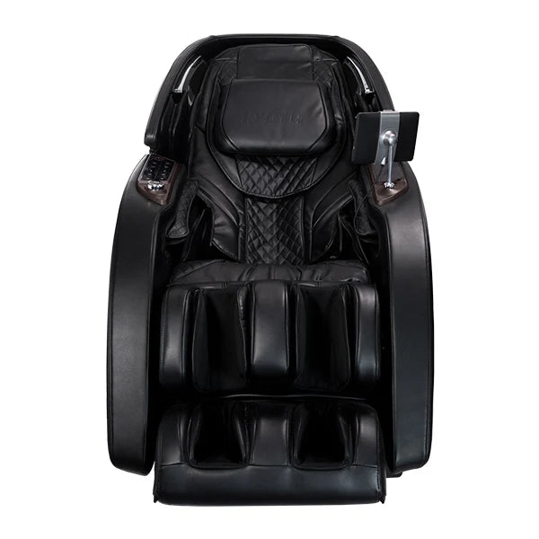Front view of Kyota Nokori M980 black massage chair featuring Syner-D 4D rollers, full body air compression, zero gravity recline, and adjustable foot massage system