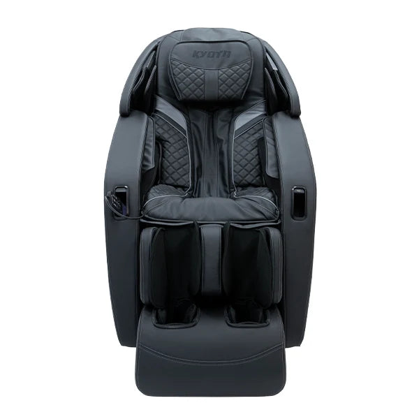 Front view of Kyota Yugana M780 black 4D massage chair showing SL-track backrest, quilted shoulder and lumbar padding, full leg and foot air compression system, and premium leather upholstery