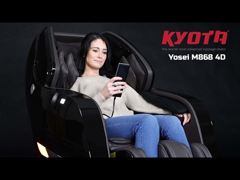 Video showing the Kyota Yosei M868 4D massage chair in action, highlighting zero gravity recline, SL-Track full body massage, calf kneading, and air compression therapy
