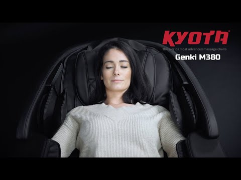 Kyota Genki M380 massage chair showing zero gravity full-body massage and foot reflexology.