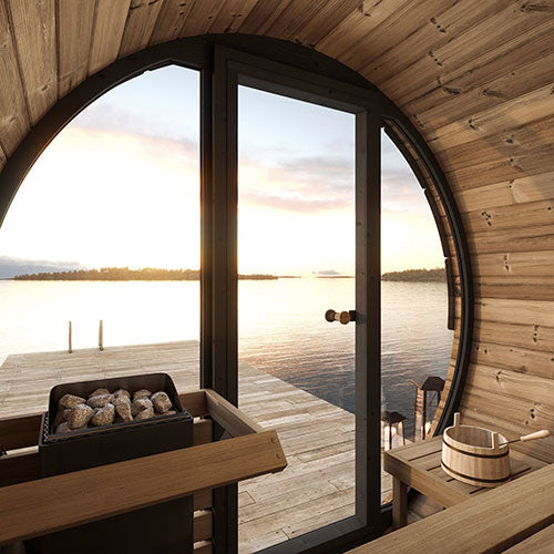 SaunaLife Model EE6G Outdoor Barrel Sauna – 4-Person Glass Front Thermo-Spruce Sauna