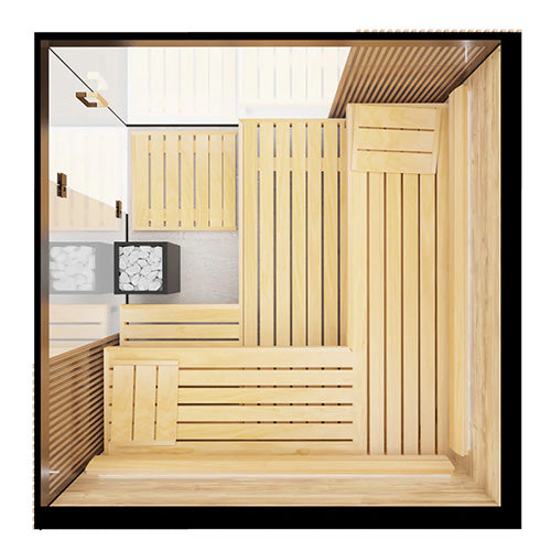 Interior view of ThermaSol Aalto sauna with Scandinavian wood benches and modern heater layout