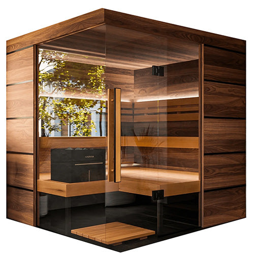 ThermaSol Astra indoor sauna cabin with corner glass panels and modern wood finish interior