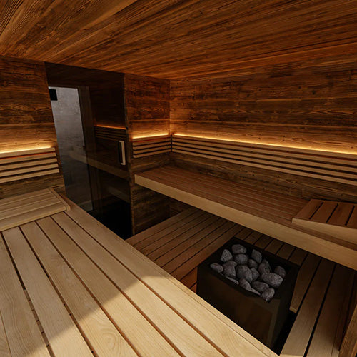 Interior of ThermaSol Ombra outdoor sauna featuring thermo-aspen bench seating, LED accent lighting, and Harvia heater for luxury backyard wellness retreat