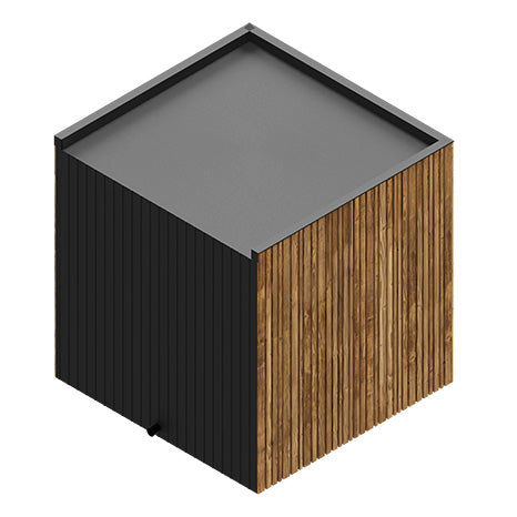 ThermaSol Spectra outdoor sauna cabin exterior with thermally modified wood and black panel siding