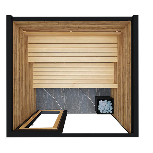 ThermaSol Spectra sauna interior with modern wood benches and glass front luxury design