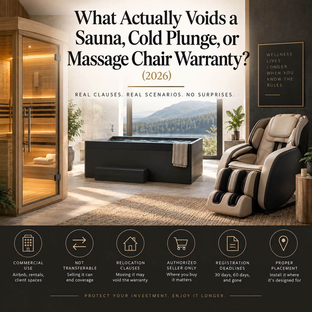 Charcoal and gold graphic reading "What Actually Voids Your Home Wellness Warranty" with a red VOID stamp across a warranty document