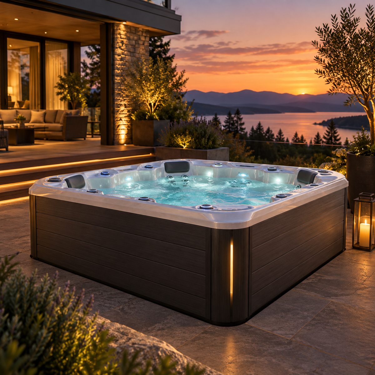 Modern home hot tub on a private patio at sunset