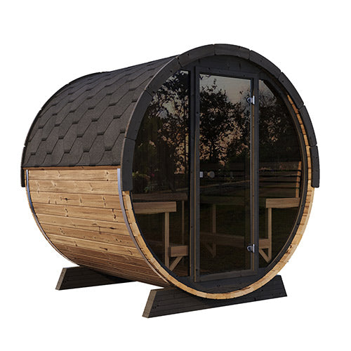 SaunaLife Model EE8G Outdoor Barrel Sauna – 6-Person Glass Front Thermo-Spruce Sauna