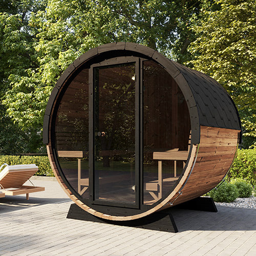 SaunaLife Model EE8G Outdoor Barrel Sauna – 6-Person Glass Front Thermo-Spruce Sauna