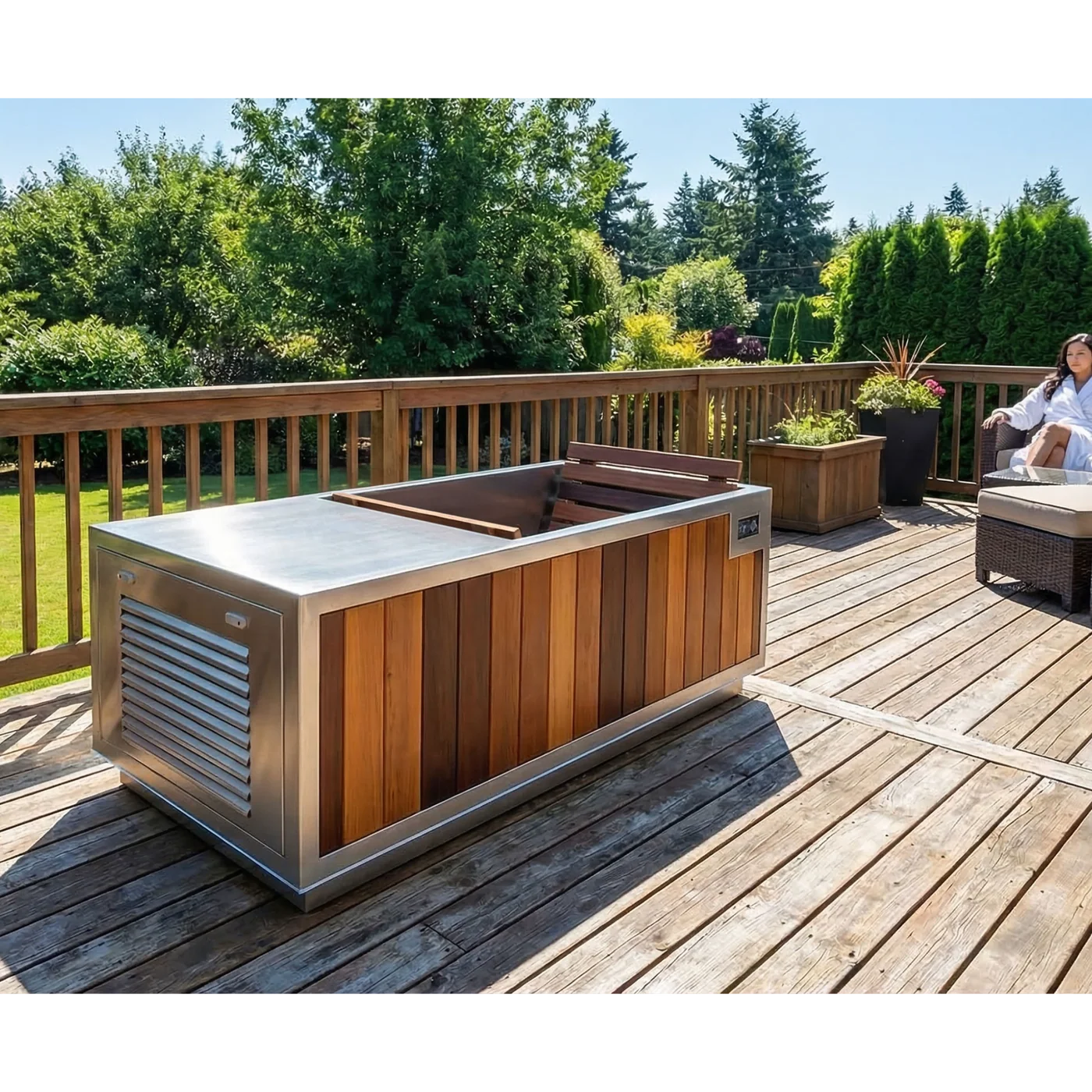 Outdoor hot tub on a wooden deck with a stainless steel top and wood-paneled sides, shown in a backyard setting with a person sitting nearby on a patio chair.