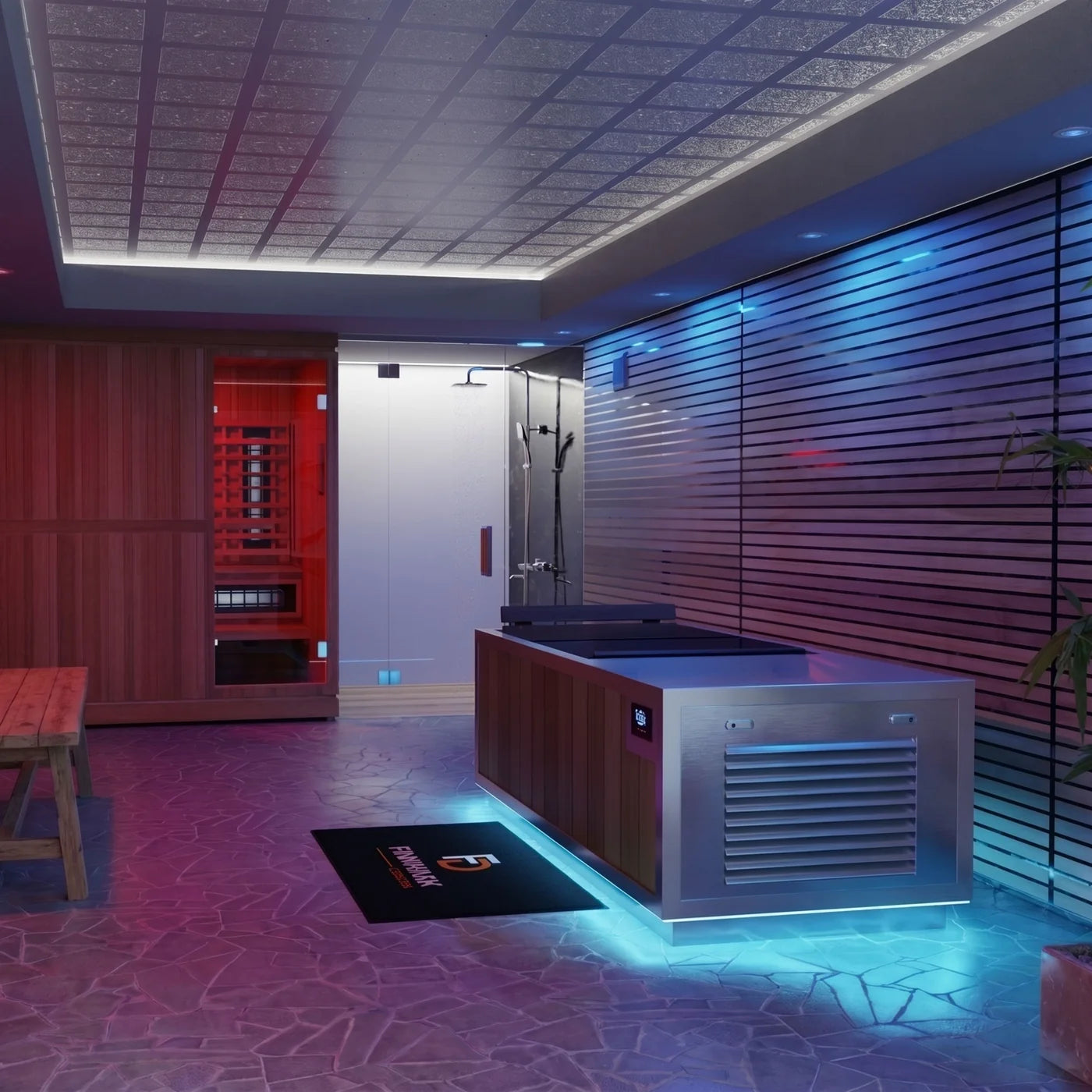 Finnmark SoulCold cold plunge with closed lid and control panel display, shown in a home wellness suite featuring a glowing red infrared sauna, glass-enclosed shower, wood slat walls with blue LED accent lighting, and a Finnmark branded floor mat