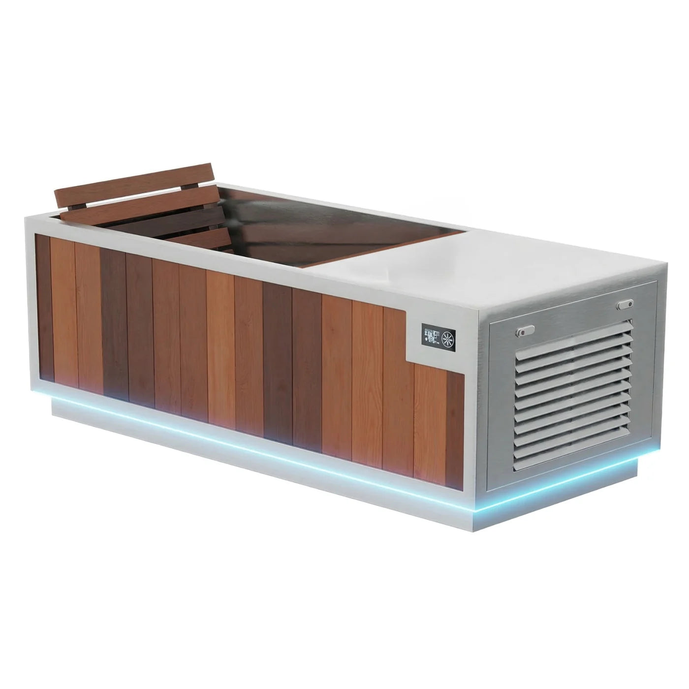 Finnmark SoulCold cold plunge with two-tone cedar wood side paneling, brushed stainless steel top and chiller housing with ventilation grille, blue LED accent lighting along the base, and a slatted wood cover propped open