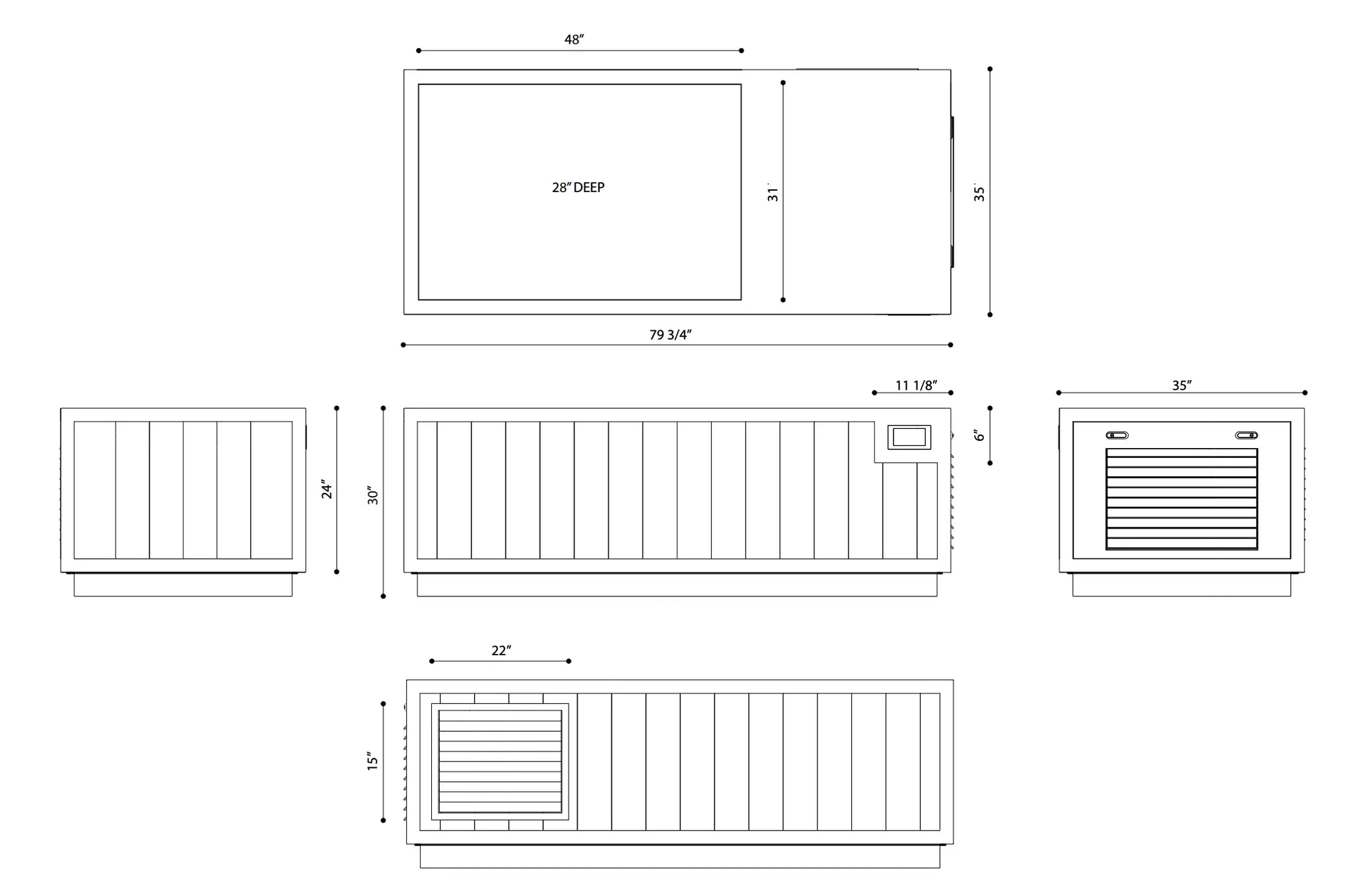 Finnmark SoulCold cold plunge dimensions diagram showing top view (48 by 79.75 inches, 28 inches deep basin), front view (24 by 30 inches), side view with control panel (30 by 6 inches, 11.125 inch control housing), end view with ventilation grille (35 by 35 inches), and bottom/plan view (22 by 15 inch chiller footprint)