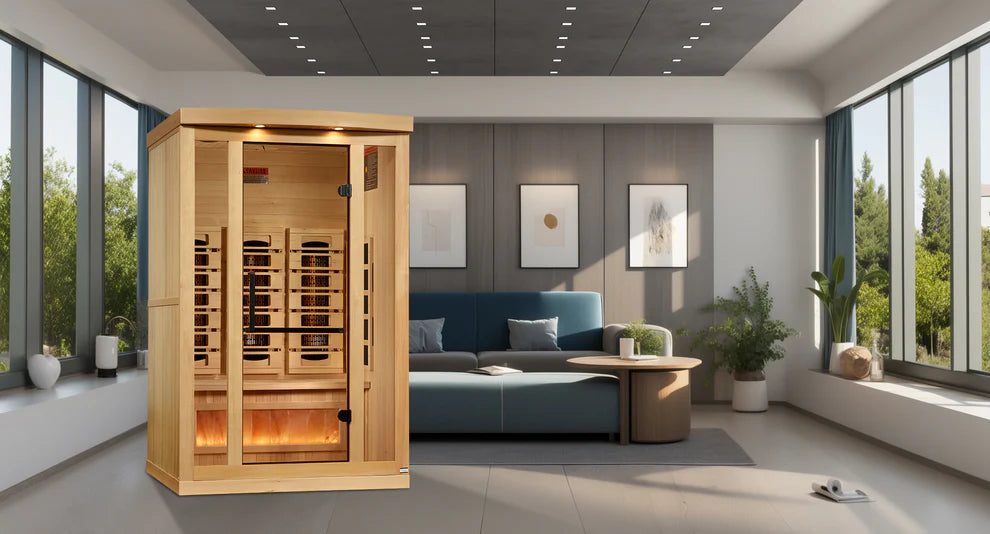 2025 Golden Designs Reserve Edition 2 Person Full Spectrum Infrared Sauna GDI-8020-03 - Lifestyle View in Modern Living Room Setting with Canadian Hemlock Exterior and Himalayan Salt Bar
