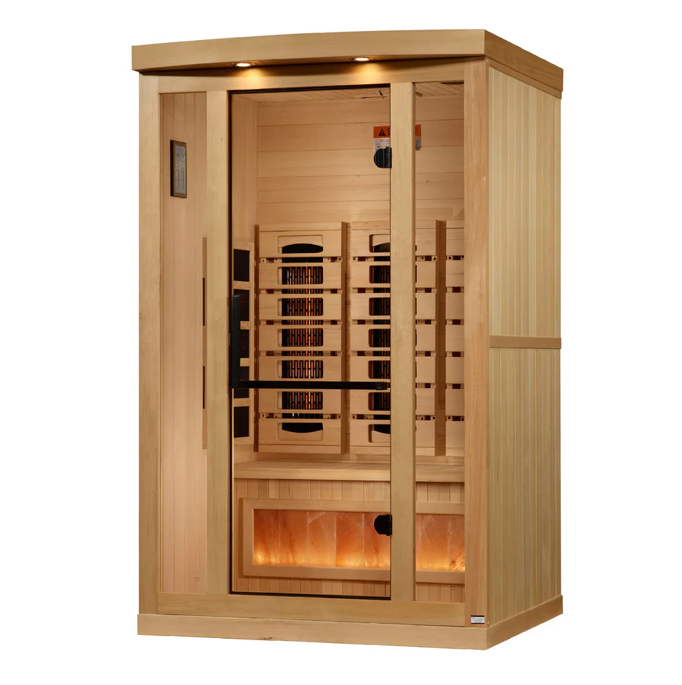 2025 Golden Designs Reserve Edition 2 Person Full Spectrum Infrared Sauna GDI-8020-03 - Side Angled View Showing Canadian Hemlock Exterior, Full Spectrum Carbon Heating Panels, Control Panel and Glowing Himalayan Salt Bar