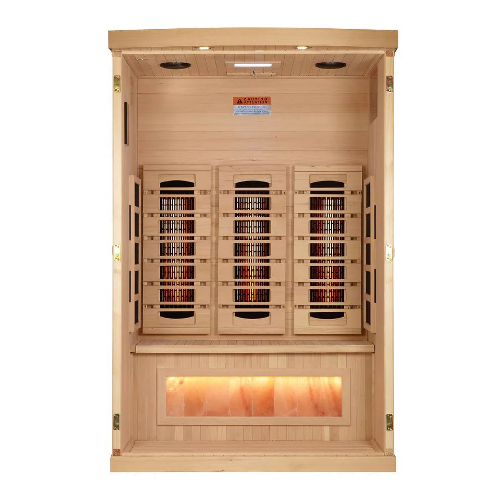 2025 Golden Designs Reserve Edition 2 Person Full Spectrum Infrared Sauna GDI-8020-03 - front View Showing Canadian Hemlock Exterior, Full Spectrum Carbon Heating Panels, Control Panel and Glowing Himalayan Salt Bar