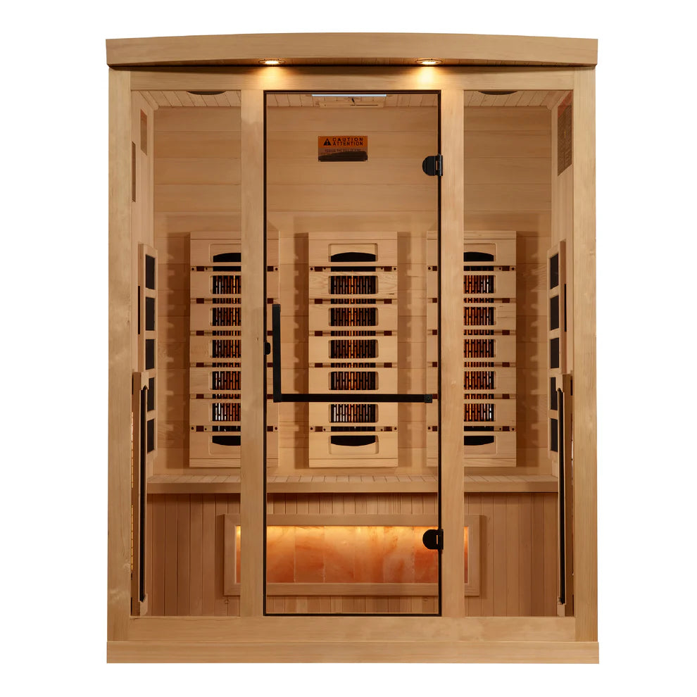 2025 Golden Designs Reserve Edition 3 Person Full Spectrum Infrared Sauna GDI-8030-03 - Direct Front View Showing Full Spectrum Carbon Heating Panels, Himalayan Salt Bar, Overhead Lighting and Glass Door