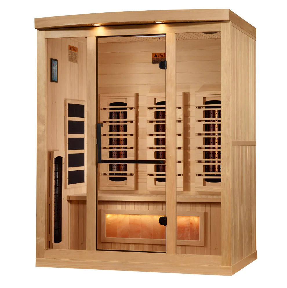 2025 Golden Designs Reserve Edition 3 Person Full Spectrum Infrared Sauna GDI-8030-03 - Direct Front View Showing Full Spectrum Carbon Heating Panels, Himalayan Salt Bar, Overhead Lighting and Glass Door