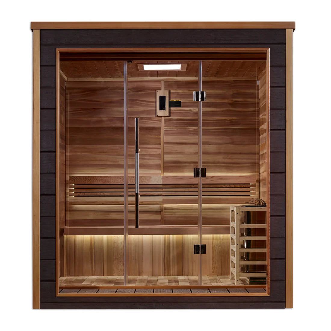 Golden Designs Drammen 3 Person Traditional Sauna GDI-8203-01 - Front View Through Full Glass Door Showing Canadian Cedar Benches, LED Lighting, Digital Control Panel and Stone Heater