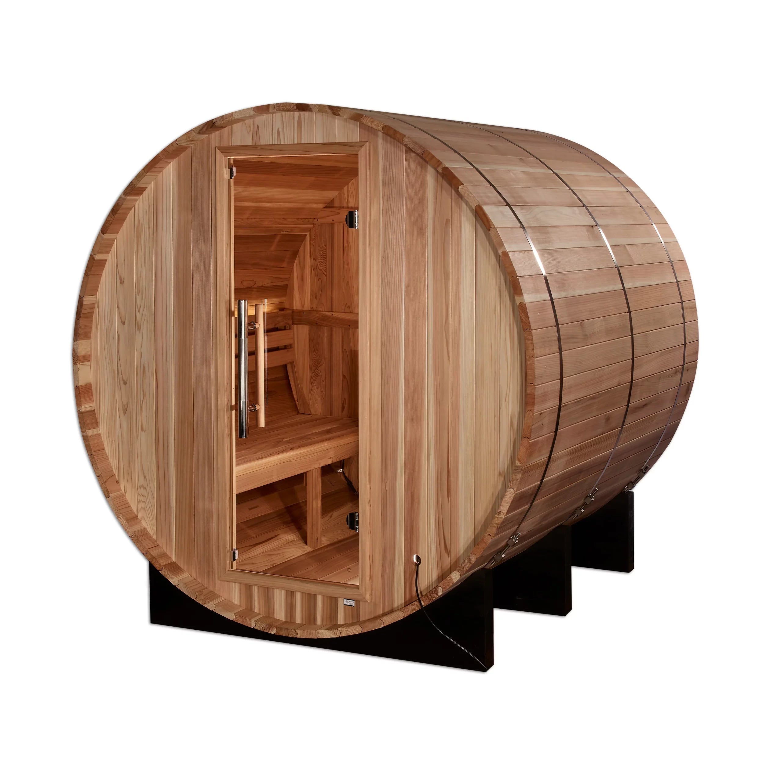 Arosa 4-Person Outdoor Barrel Sauna in Pacific Cedar with Harvia 6kW or 8kW Heater – Golden Designs GDI-B004-01