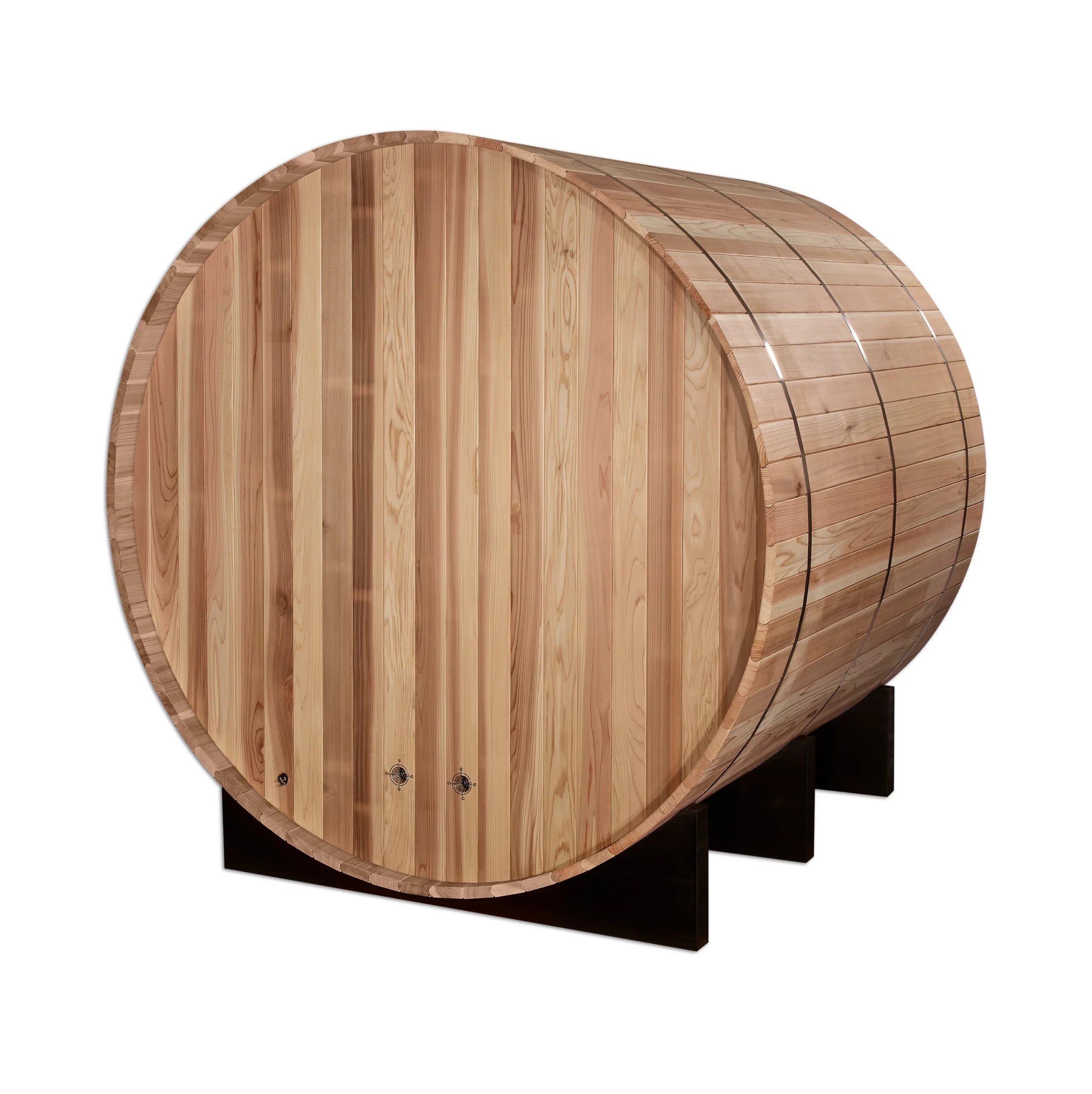Arosa 4-Person Outdoor Barrel Sauna in Pacific Cedar with Harvia 6kW or 8kW Heater – Golden Designs GDI-B004-01