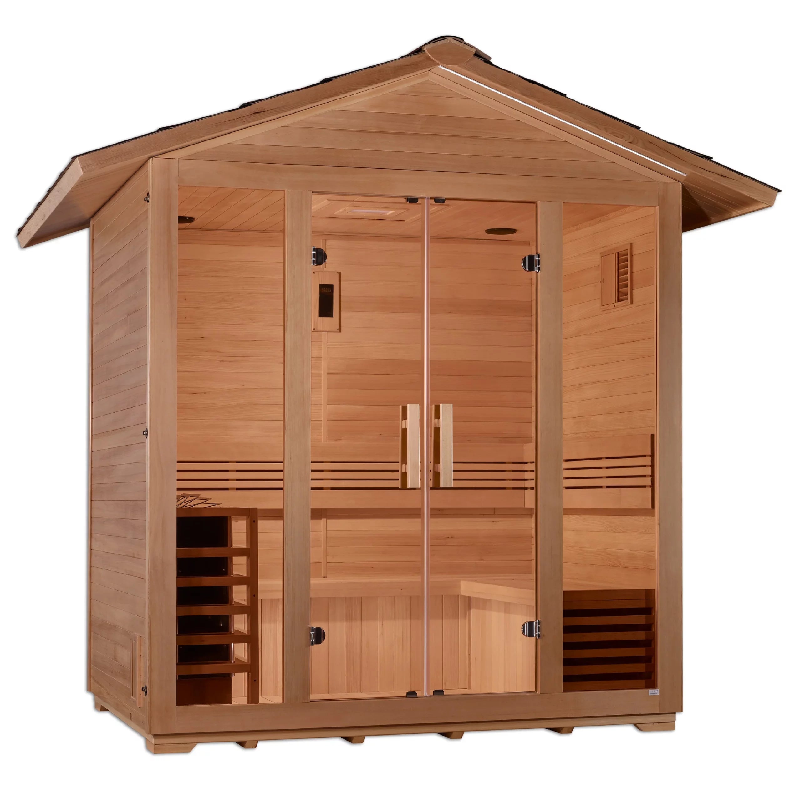 Golden Designs Vorarlberg 5 Person Outdoor Traditional Sauna – Hemlock, 8kW Stove, Bluetooth &amp; Chromotherapy(GDI-8105-01)