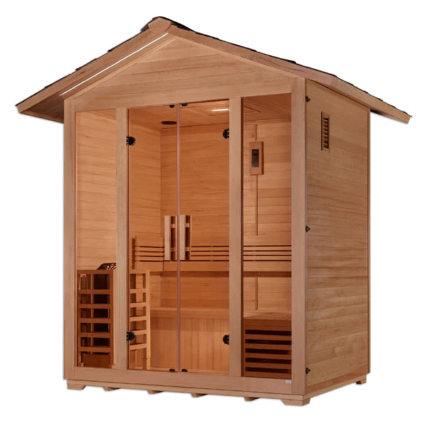 Golden Designs Vorarlberg 5 Person Outdoor Traditional Sauna – Hemlock, 8kW Stove, Bluetooth &amp; Chromotherapy(GDI-8105-01)