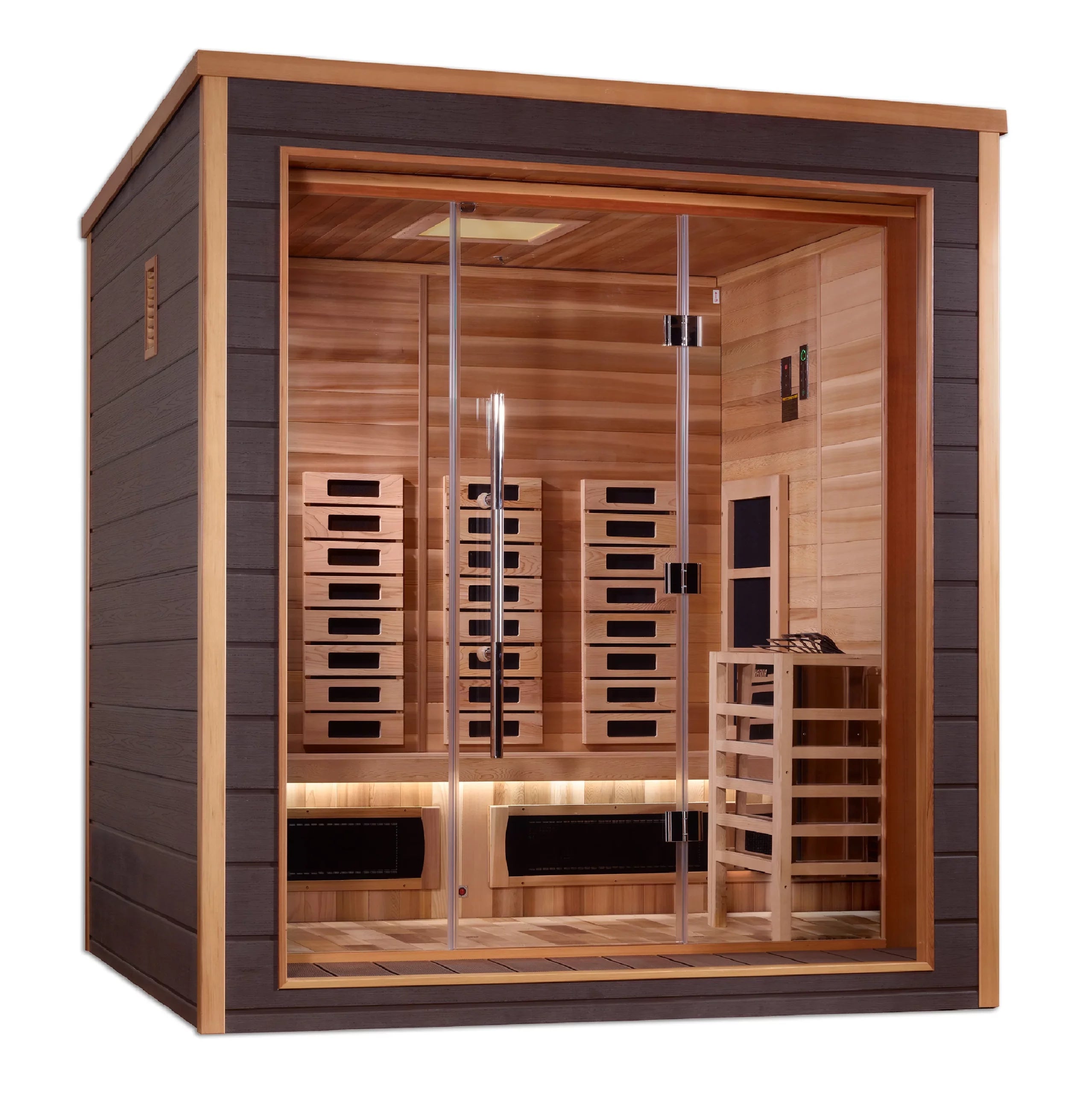 GDI-8223-01 Visby 3 Person Outdoor-Indoor PureTech™ Hybrid Full Spectrum Sauna – Canadian Red Cedar Interior