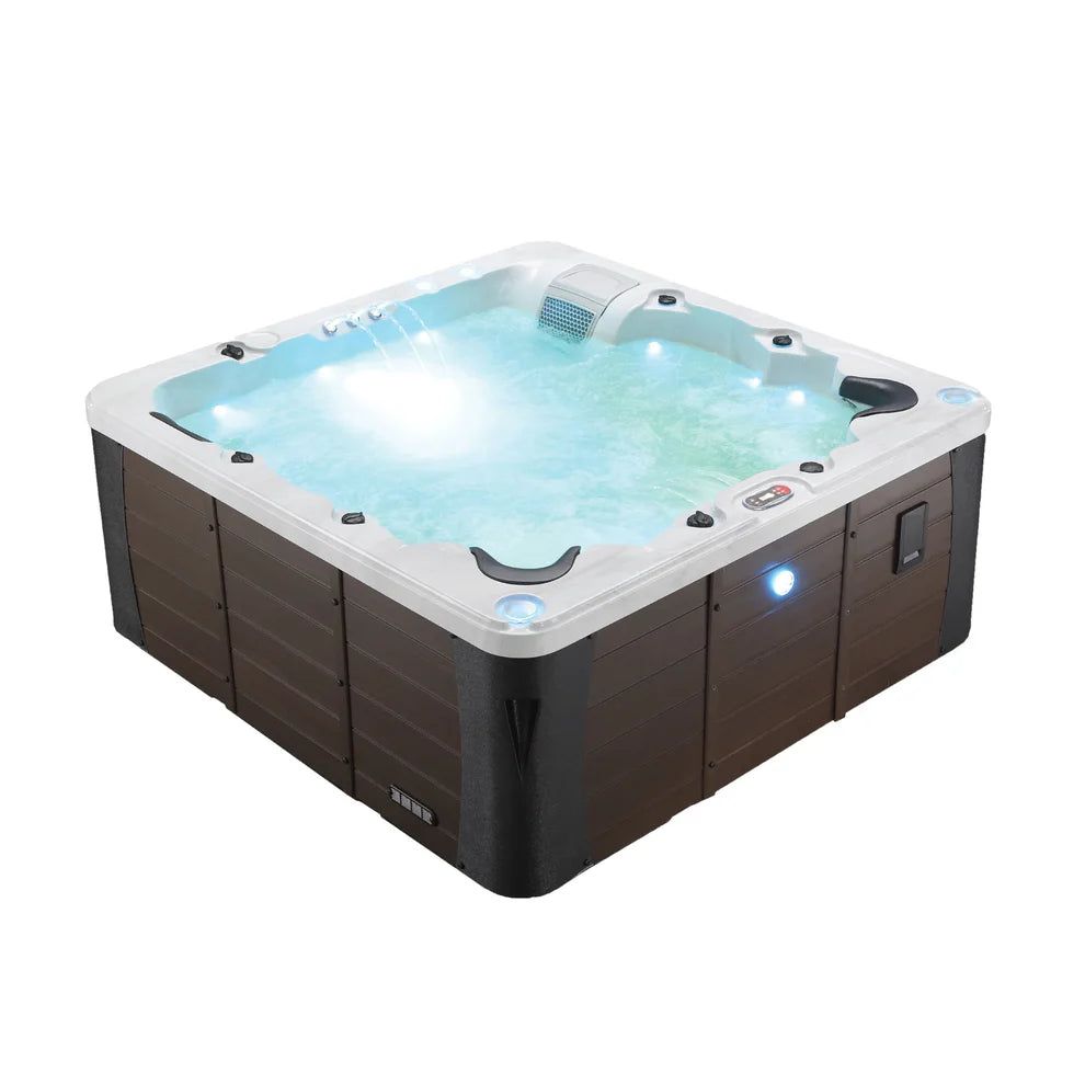 square 6-seat hot tub with LED lighting and waterfalls