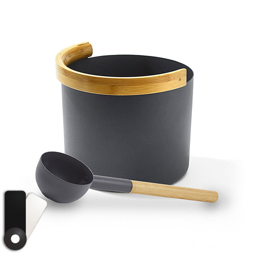 KOLO Sauna Set 2 – Bamboo & Aluminum Sauna Bucket with Ladle (1 Gallon, Black or White)