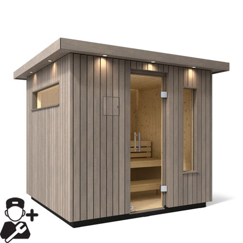 Kohler C2 outdoor sauna in Weathered Grey Spruce finish