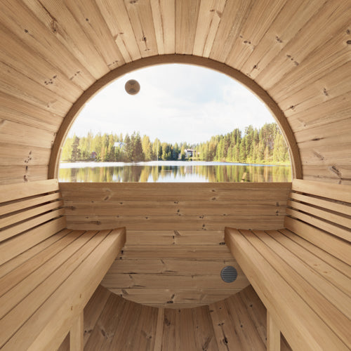 SaunaLife Model E7W Outdoor Barrel Sauna – 4-Person Thermo-Spruce Sauna with Panoramic Rear Window