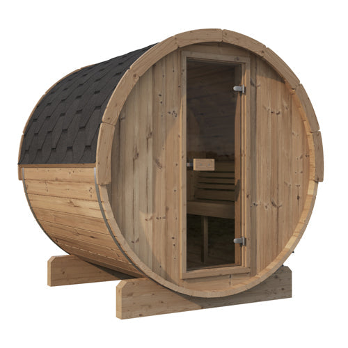 SaunaLife E7 four-person outdoor barrel sauna with bronze glass door