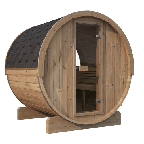 SaunaLife Model E7W Outdoor Barrel Sauna – 4-Person Thermo-Spruce Sauna with Panoramic Rear Window