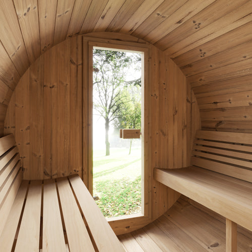 SaunaLife Model E8 Outdoor Barrel Sauna – 6-Person Thermo-Spruce ERGO Series