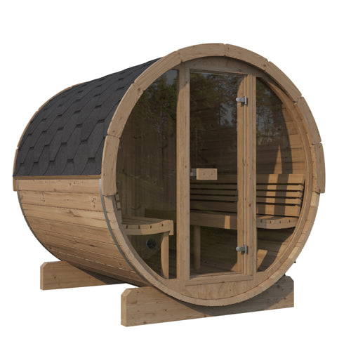 SaunaLife Model E8G – ERGO-Series 6-Person Outdoor Barrel Sauna with Full Glass Front