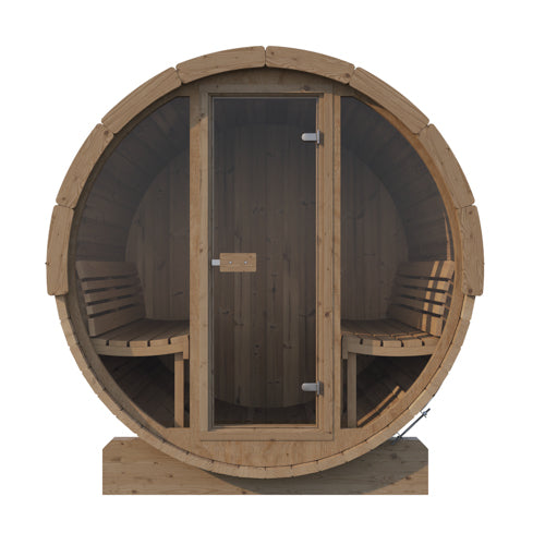 SaunaLife E8G six-person outdoor barrel sauna with full glass front