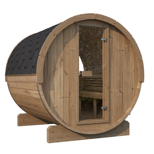 SaunaLife E8W six-person outdoor barrel sauna with panoramic window