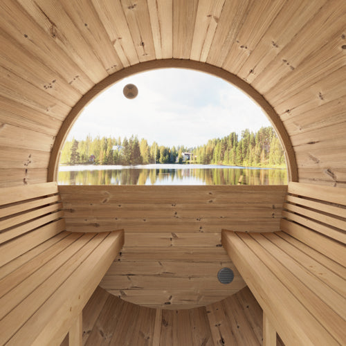 SaunaLife E8W outdoor barrel sauna interior with benches