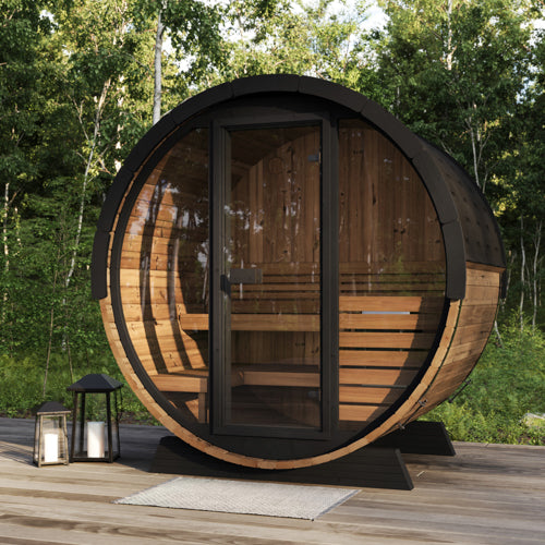 SaunaLife Model EE6G Outdoor Barrel Sauna – 4-Person Glass Front Thermo-Spruce Sauna