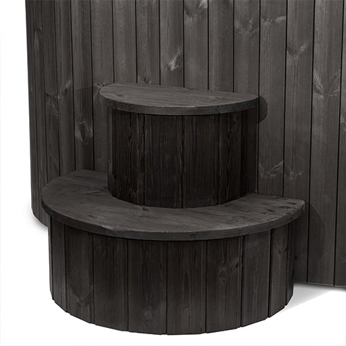 Close-up of the two-tier black Thermo-Spruce wood steps on the SaunaLife S2B tub