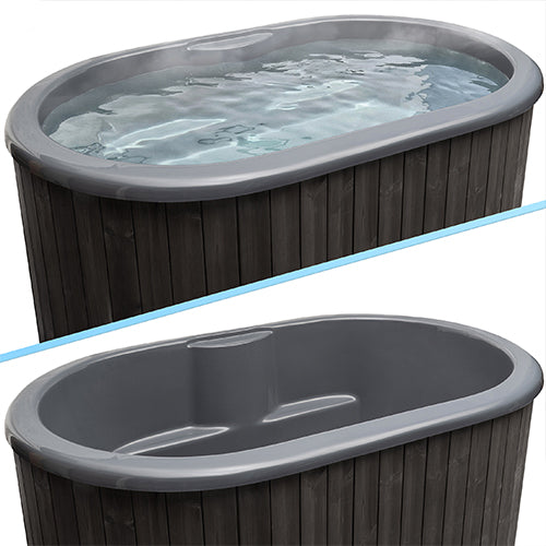 Split view of the SaunaLife S2B tub interior shown both filled and empty
