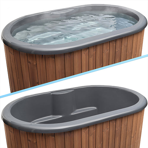 Split view of the SaunaLife S2N tub interior shown both filled and empty