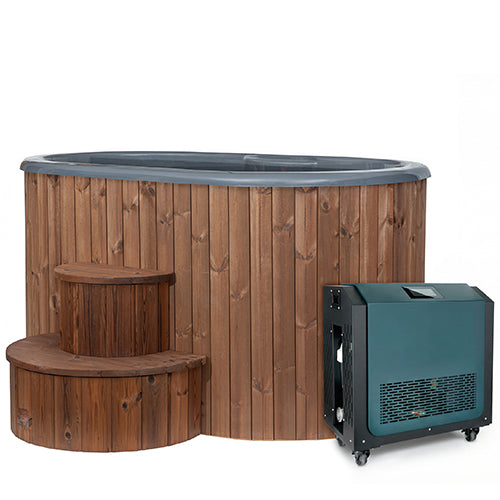 SaunaLife Model S2NC natural wood 2-person cold plunge tub with matching steps and AP-1 chiller heater unit