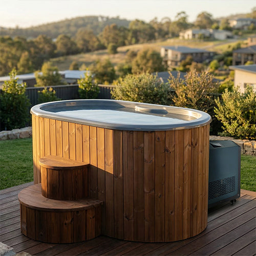 SaunaLife S2NC 2-person cold plunge tub and chiller set up on an outdoor deck with a scenic view