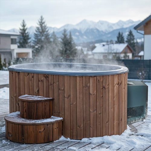 SaunaLife S2NC 2-person cold plunge tub with steam rising in a snowy mountain backyard