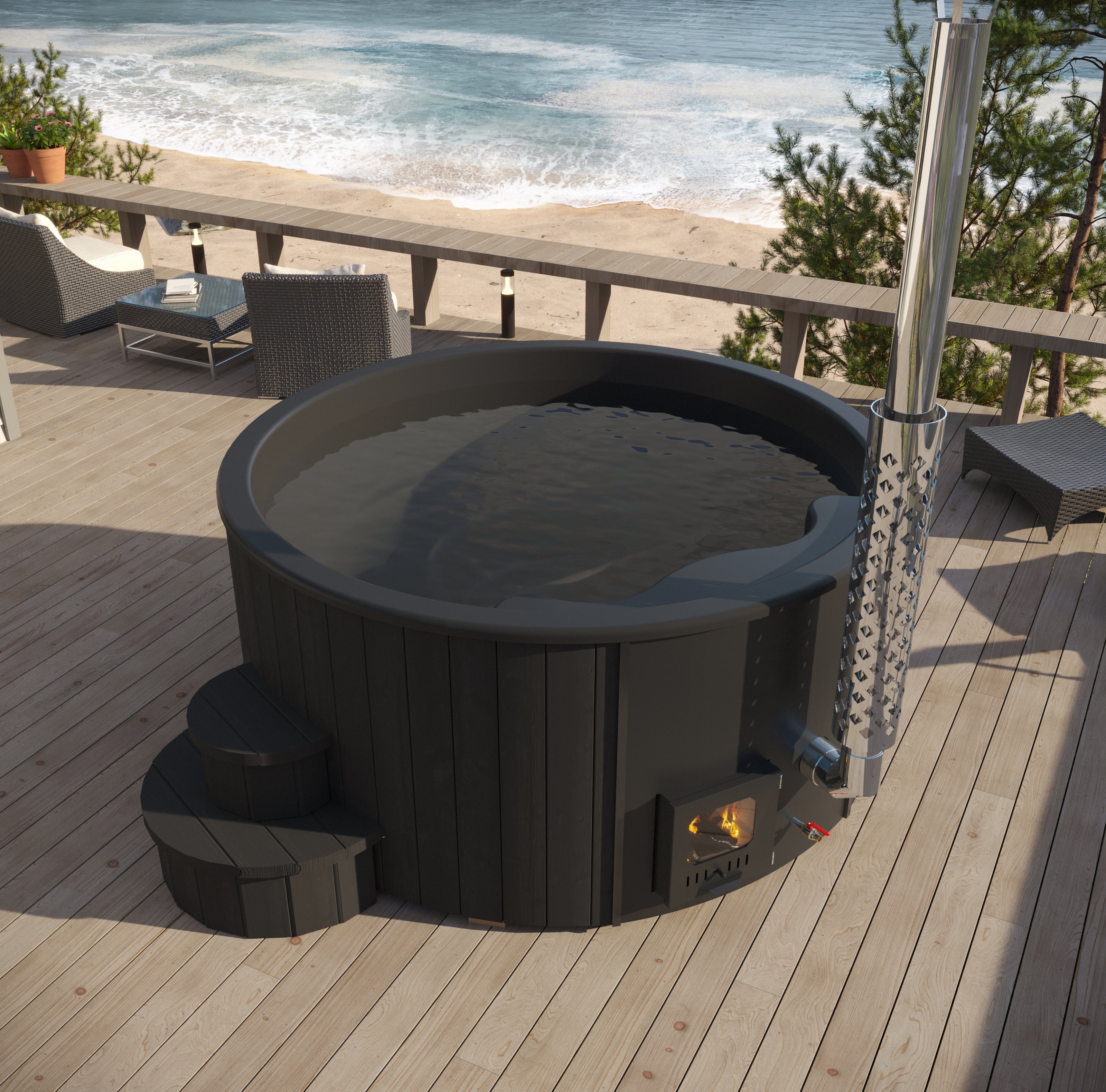 SaunaLife Model S4B – Soak-Series Wood-Burning Hot Tub (Black Finish, Up to 6 Persons)